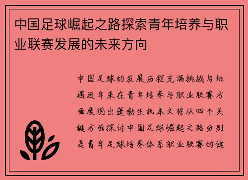 中国足球崛起之路探索青年培养与职业联赛发展的未来方向